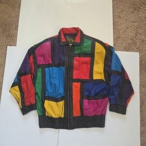 Avanti Vintage Leather Colorblock Padded Shoulder Patchwork Jacket Size S